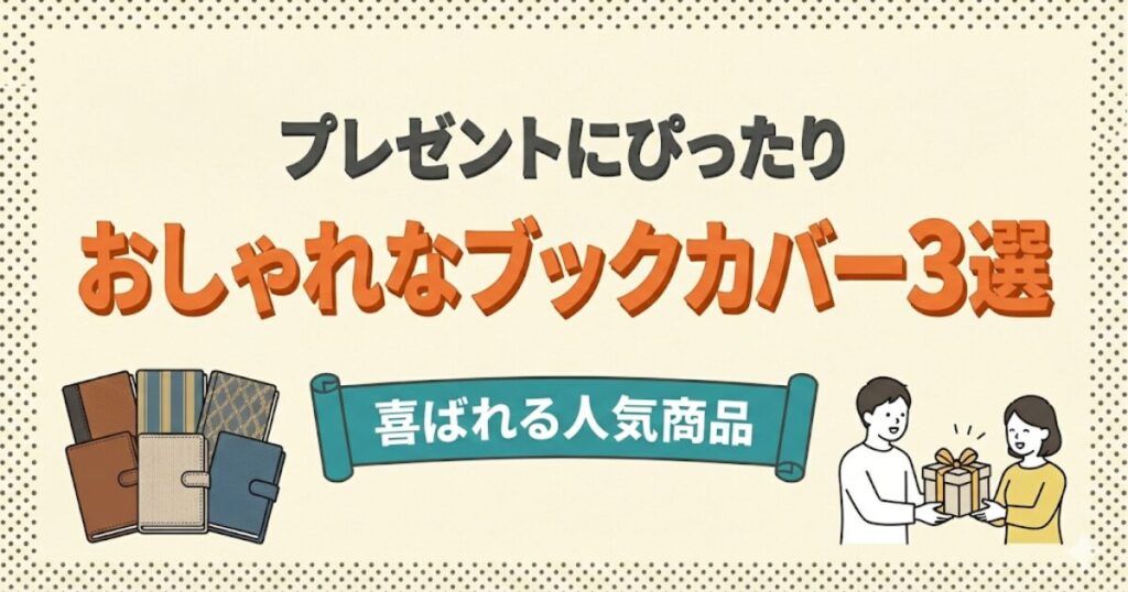 おしゃれなブックカバー3選のアイキャッチ画像：ブックカバーとプレゼントを渡しているイラスト