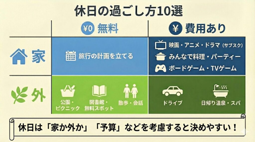 休日の過ごし方10選の要約表